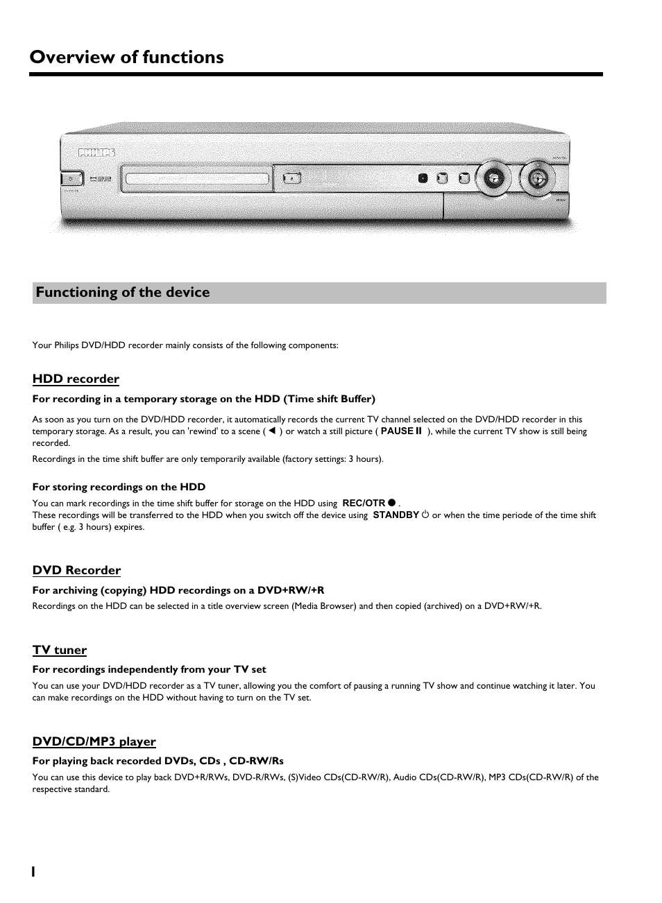 Functioning of the device, Hdd recorder, Dvd recorder | Tv tuner, Dvd/cd/mp3 player, Overview offunctions, 1functioning ofthe device | Philips HDRW 720/17 User Manual | Page 8 / 90