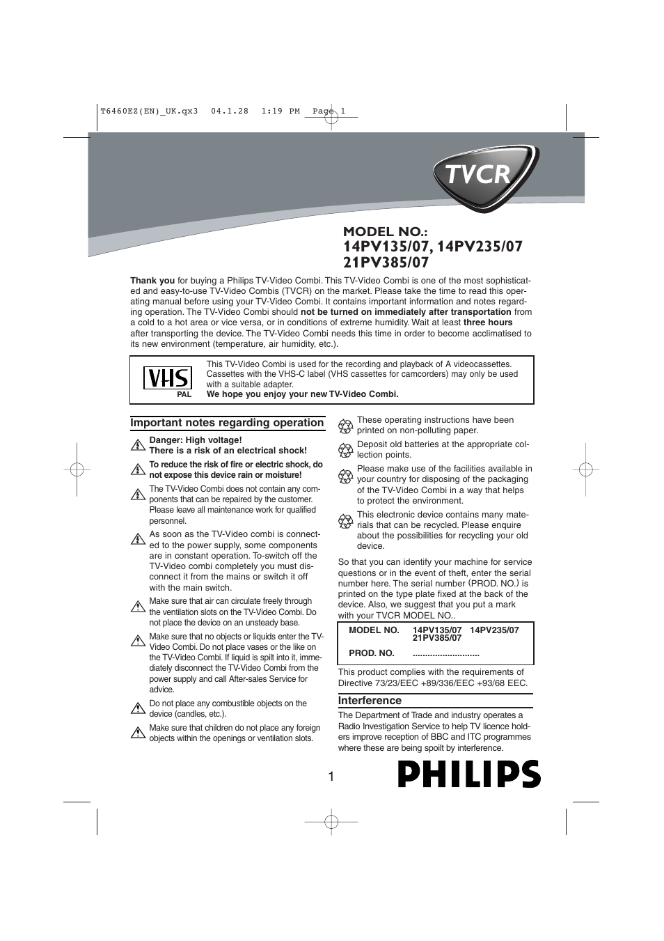 Philips TV-Video Combi 14PV235/07 User Manual | 16 pages