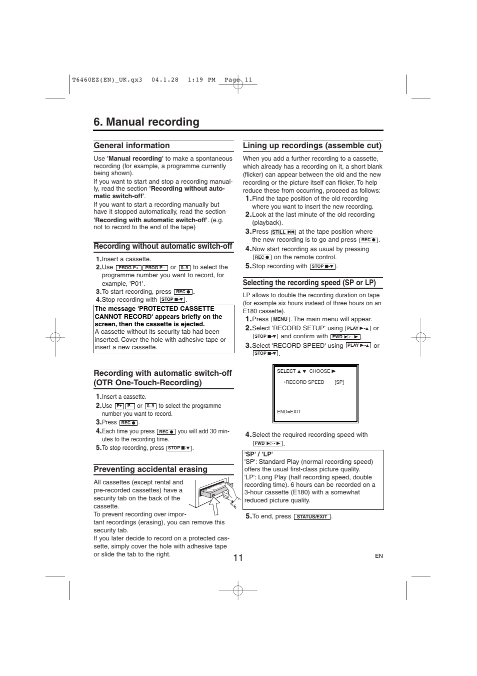 Manual recording, General information, Recording without automatic switch-off | Preventing accidental erasing, Lining up recordings (assemble cut), Selecting the recording speed (sp or lp) | Philips TV-Video Combi 14PV235/07 User Manual | Page 11 / 16