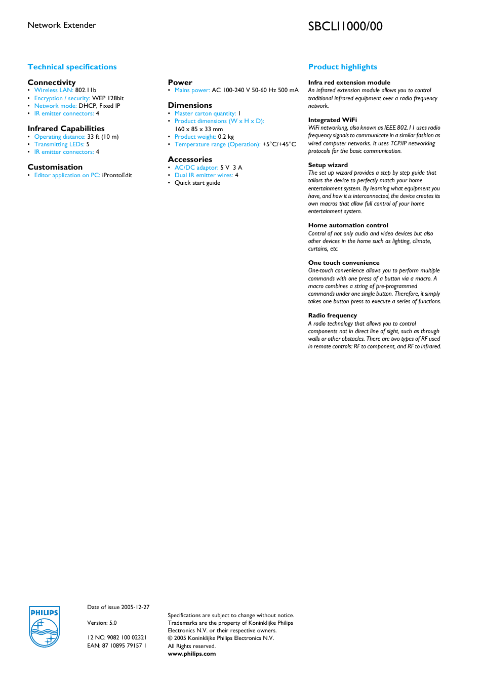 Network extender | Philips SBCLI1000 User Manual | Page 2 / 2