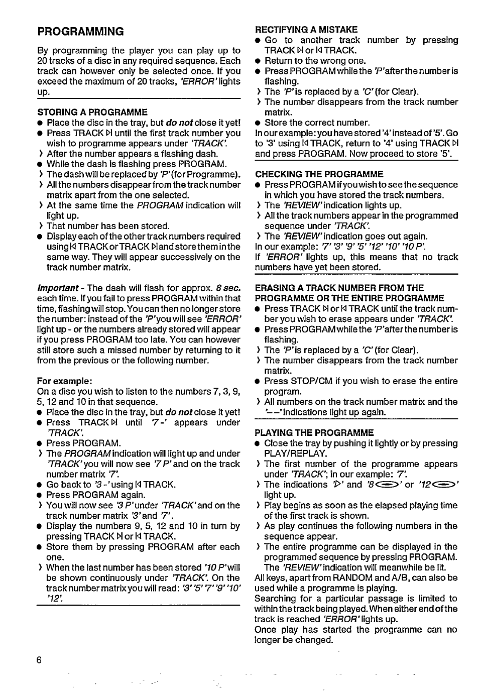 Programming, Storing a programme, Rectifying a mistake | Checking the programme, Playing the programme | Philips CD 210 User Manual | Page 6 / 10
