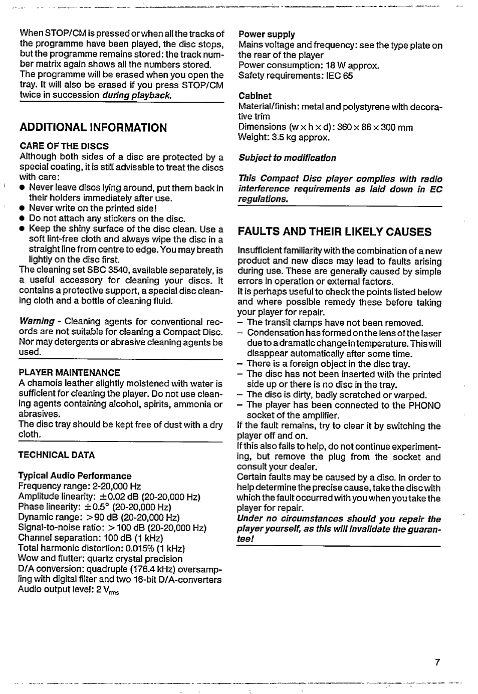 Additional information, Faults and their likely causes | Philips CD 210 User Manual | Page 7 / 10