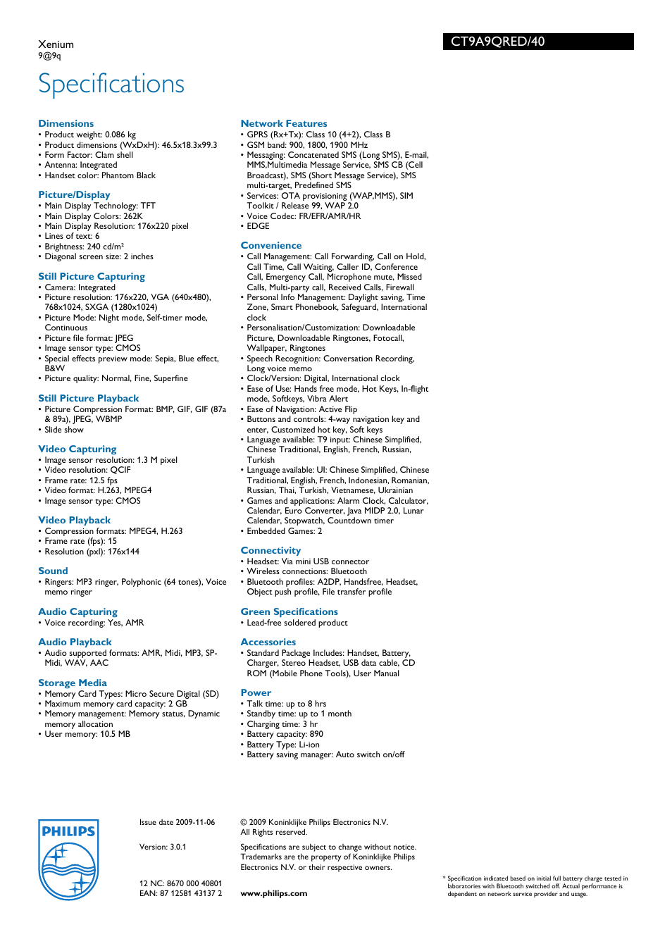 Specifications, Ct9a9qred/40 | Philips KH 5516 User Manual | Page 3 / 3