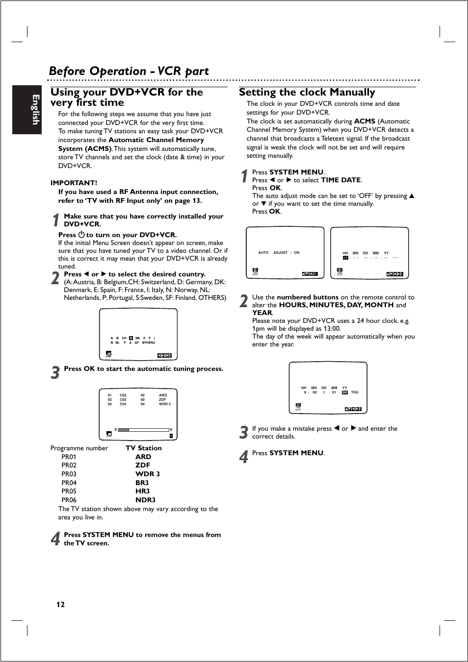 Before operation - vcr part, Using your dvd+vcr for the very first time, Setting the clock manually | English | Philips 721VR User Manual | Page 12 / 40