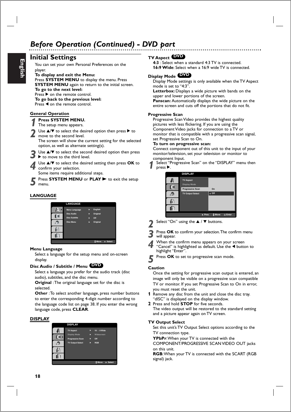 Before operation (continued) - dvd part, Initial settings, English | Philips 721VR User Manual | Page 18 / 40