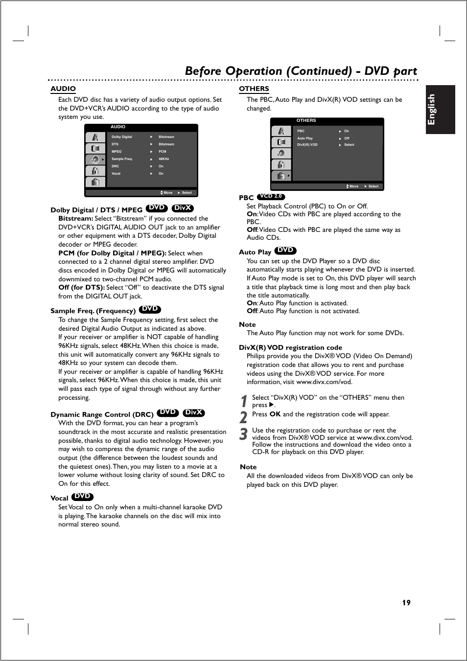 Before operation (continued) - dvd part, English | Philips 721VR User Manual | Page 19 / 40