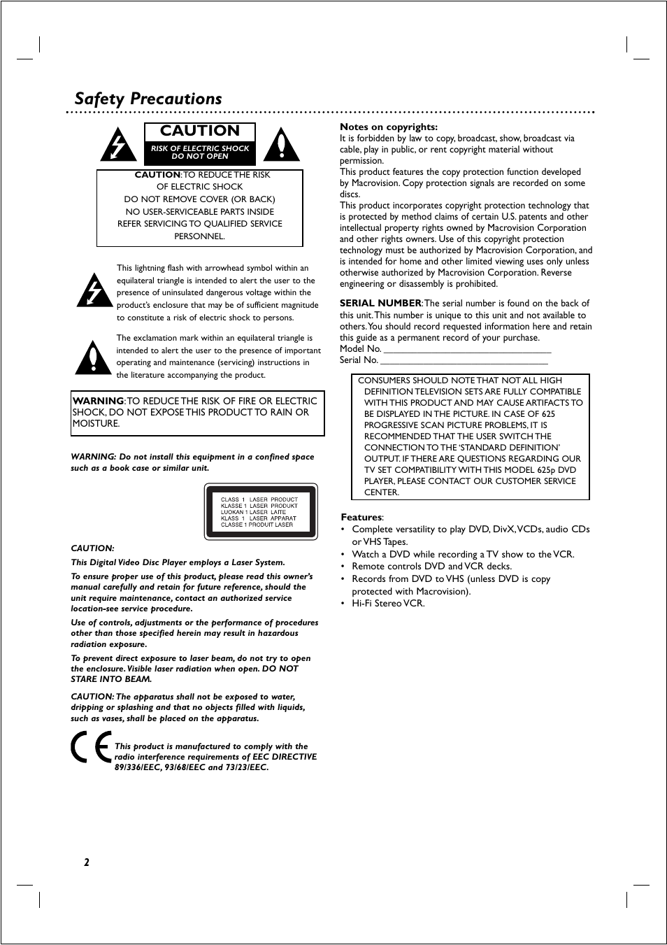 Safety precautions, Caution | Philips 721VR User Manual | Page 2 / 40