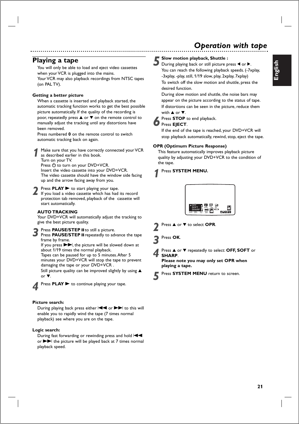 Operation with tape, Playing a tape, English | Philips 721VR User Manual | Page 21 / 40