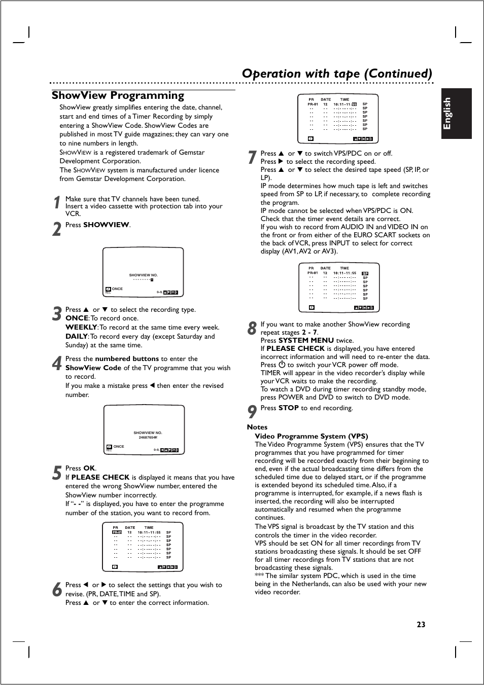 Operation with tape (continued), Showview programming | Philips 721VR User Manual | Page 23 / 40