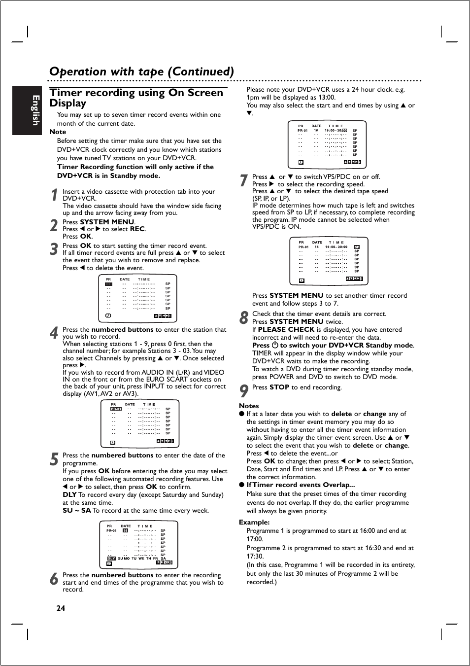 Operation with tape (continued), Timer recording using on screen display, English | Philips 721VR User Manual | Page 24 / 40
