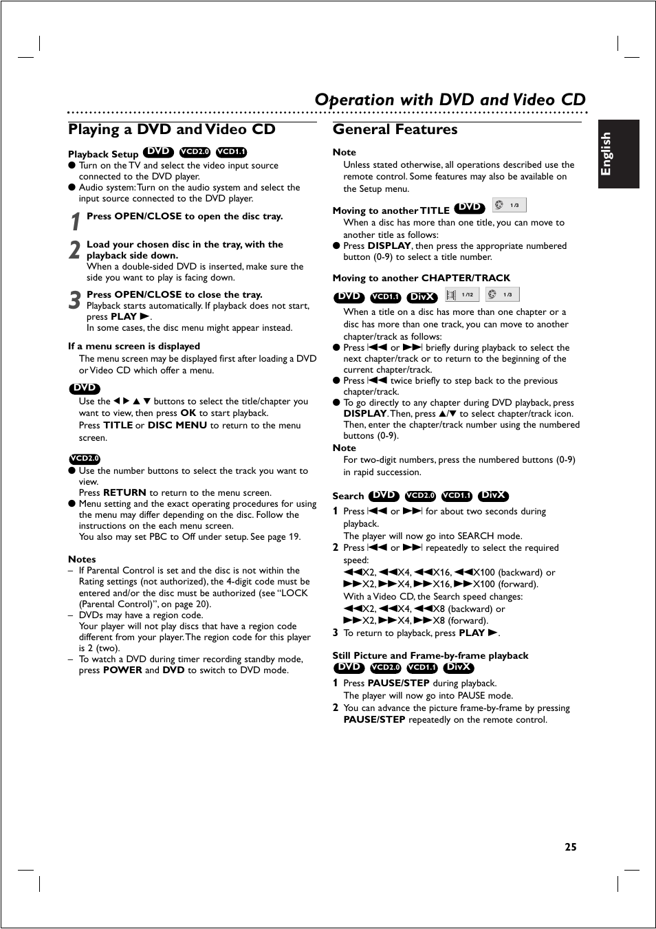 Operation with dvd and video cd, Playing a dvd and video cd, General features | English | Philips 721VR User Manual | Page 25 / 40