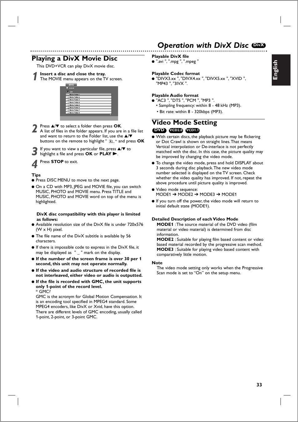 Operation with divx disc, Playing a divx movie disc, Video mode setting | English | Philips 721VR User Manual | Page 33 / 40