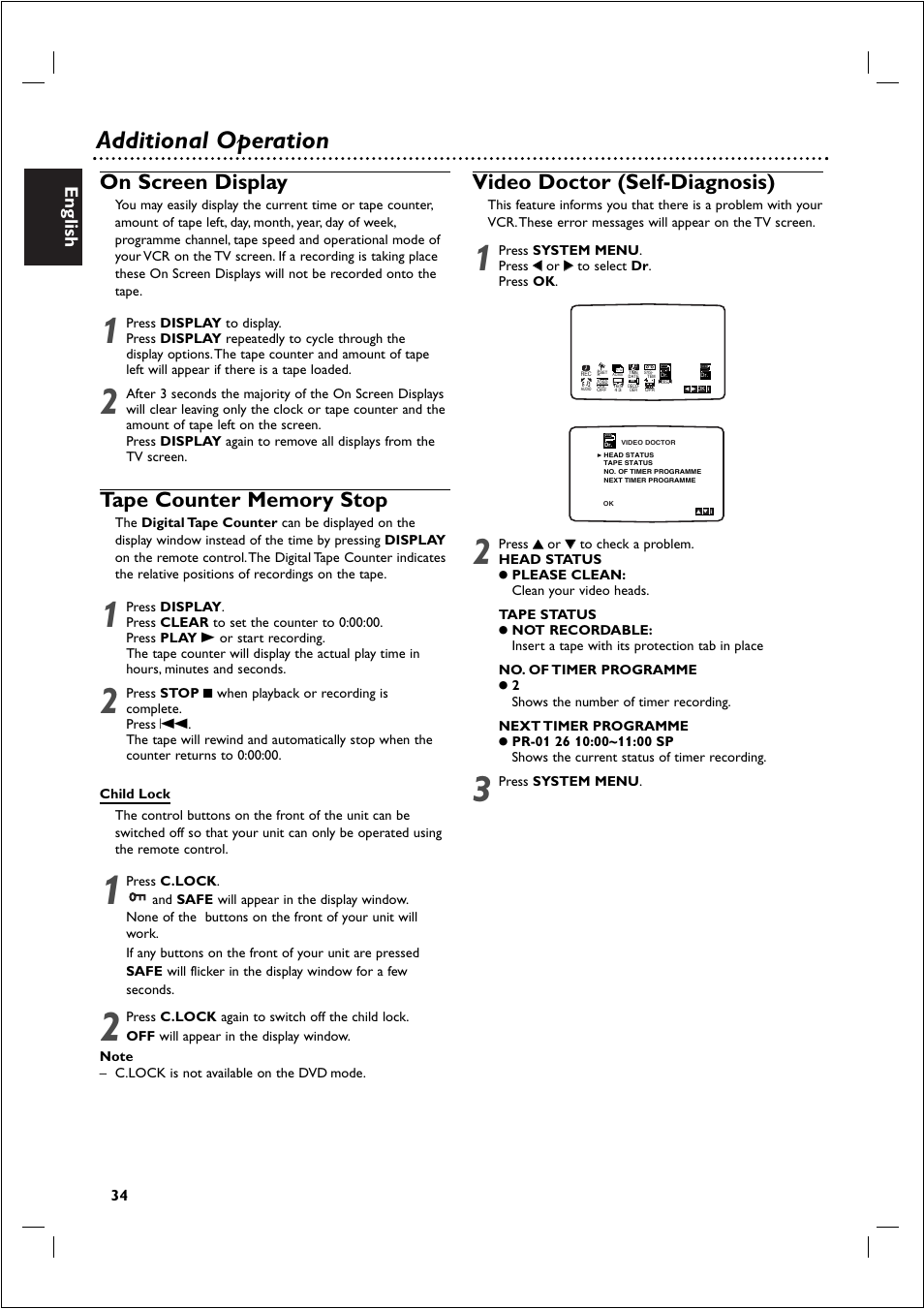 Additional operation, On screen display, Video doctor (self-diagnosis) | English | Philips 721VR User Manual | Page 34 / 40