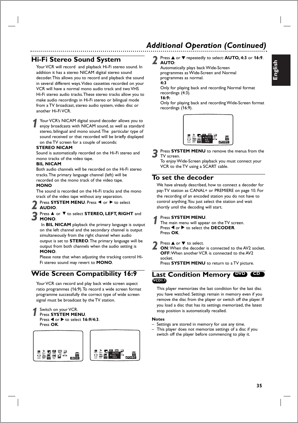Additional operation (continued), Hi-fi stereo sound system, Wide screen compatibility 16:9 | English, Press system menu . press, Press, Cd dvd | Philips 721VR User Manual | Page 35 / 40