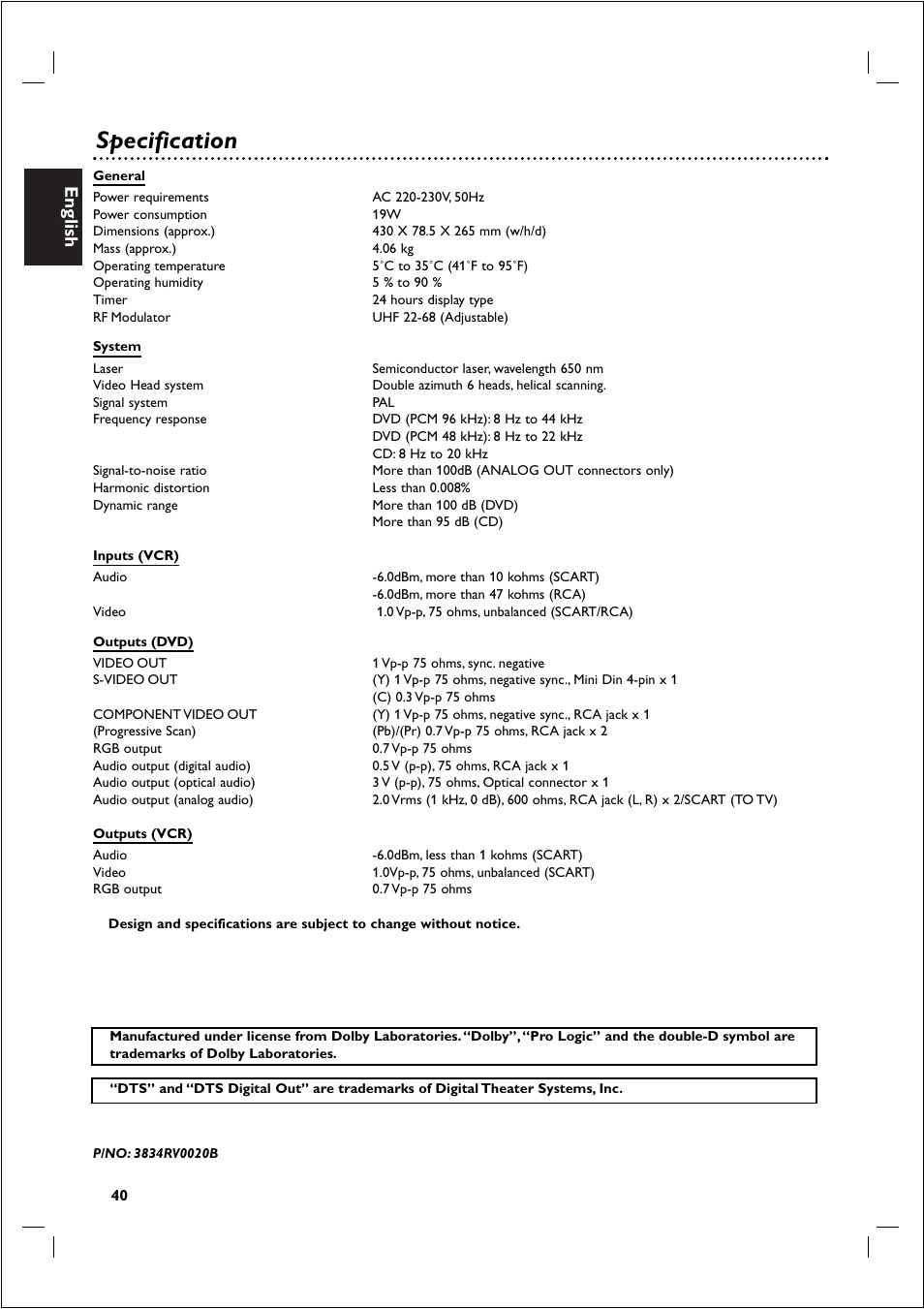 Specification, English | Philips 721VR User Manual | Page 40 / 40