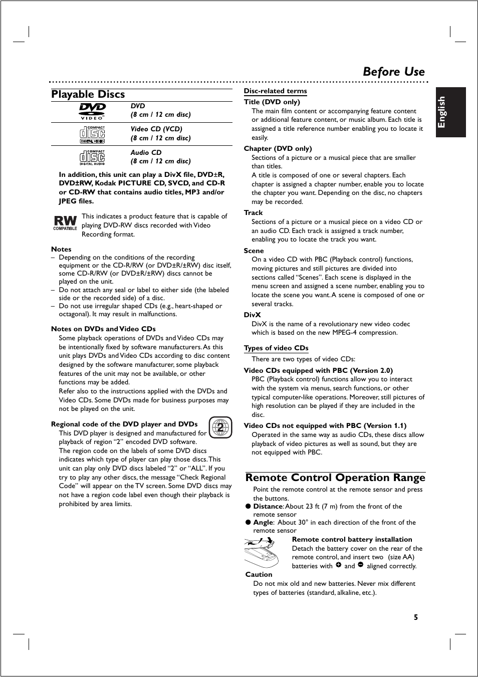 Before use, Playable discs, Remote control operation range | English | Philips 721VR User Manual | Page 5 / 40