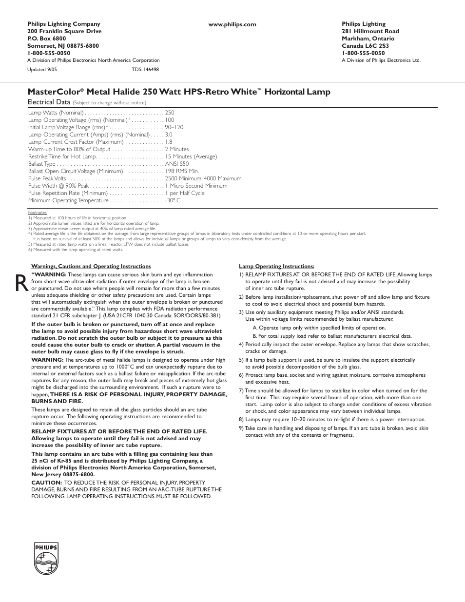 Mastercolor, Metal halide 250 watt hps-retro white, Horizontal lamp | Philips 146498 User Manual | Page 2 / 2