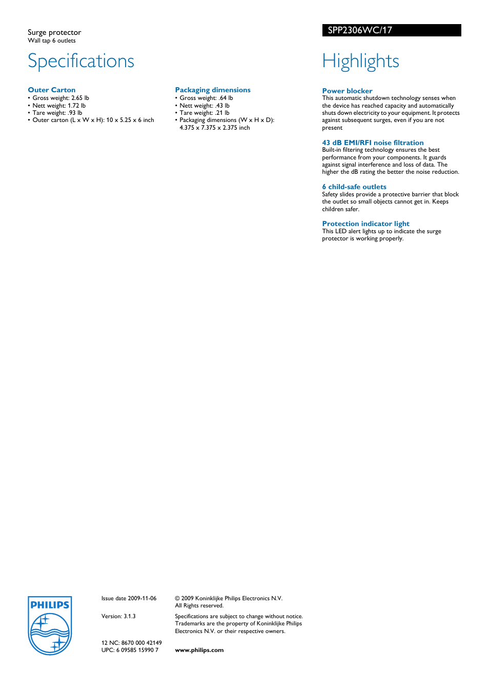 Specifications, Highlights | Philips SPP2306WC User Manual | Page 2 / 2