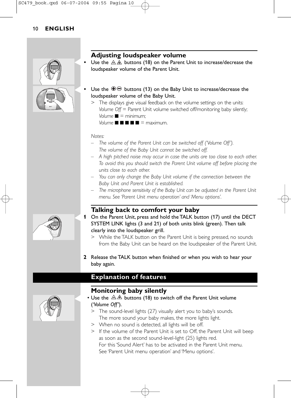 Adjusting loudspeaker volume, Talking back to comfort your baby, Explanation of features monitoring baby silently | Philips Dect SC479 User Manual | Page 10 / 18