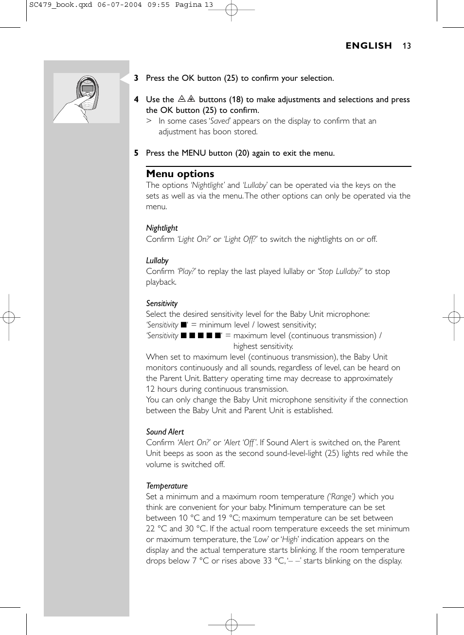 Menu options | Philips Dect SC479 User Manual | Page 13 / 18