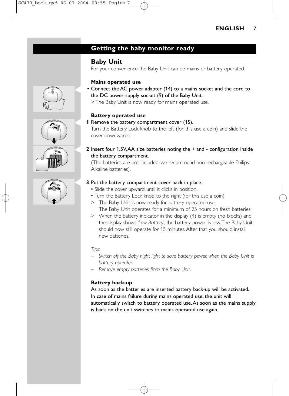 Getting the baby monitor ready baby unit, English | Philips Dect SC479 User Manual | Page 7 / 18