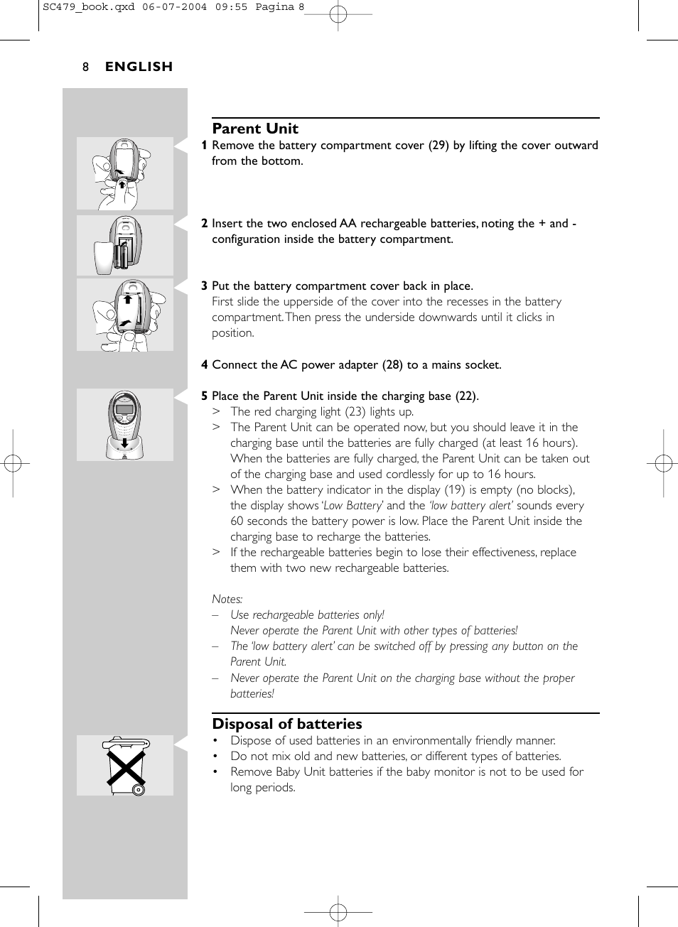 Parent unit, Disposal of batteries, English | Philips Dect SC479 User Manual | Page 8 / 18