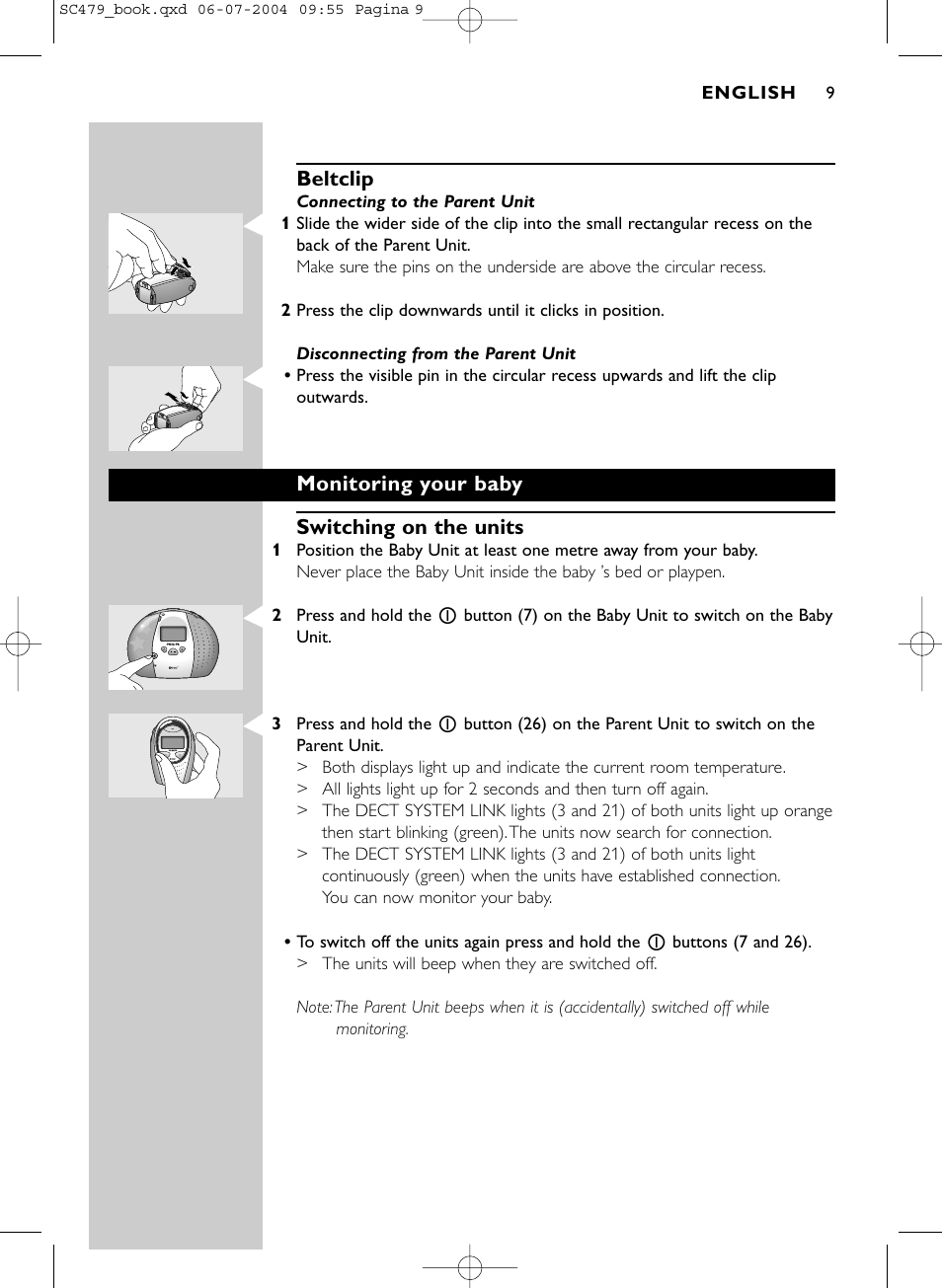 Beltclip, Monitoring your baby switching on the units | Philips Dect SC479 User Manual | Page 9 / 18