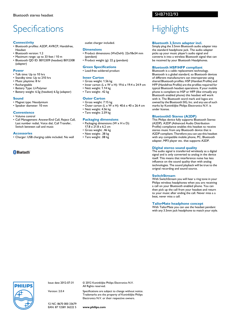 Specifications, Highlights | Philips SHB7102 User Manual | Page 2 / 2