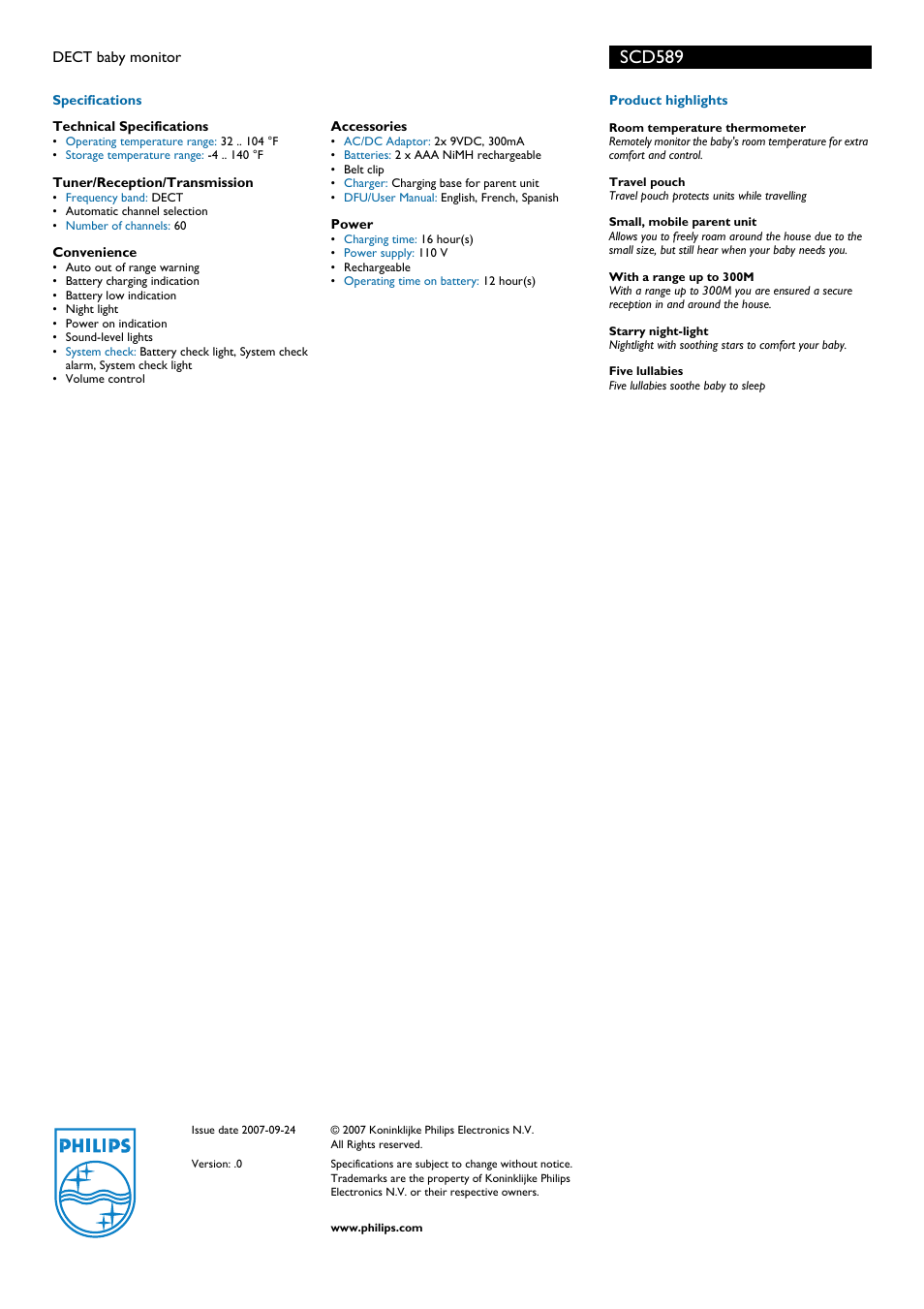 Scd589 | Philips DECT baby monitor SCD589 User Manual | Page 2 / 2