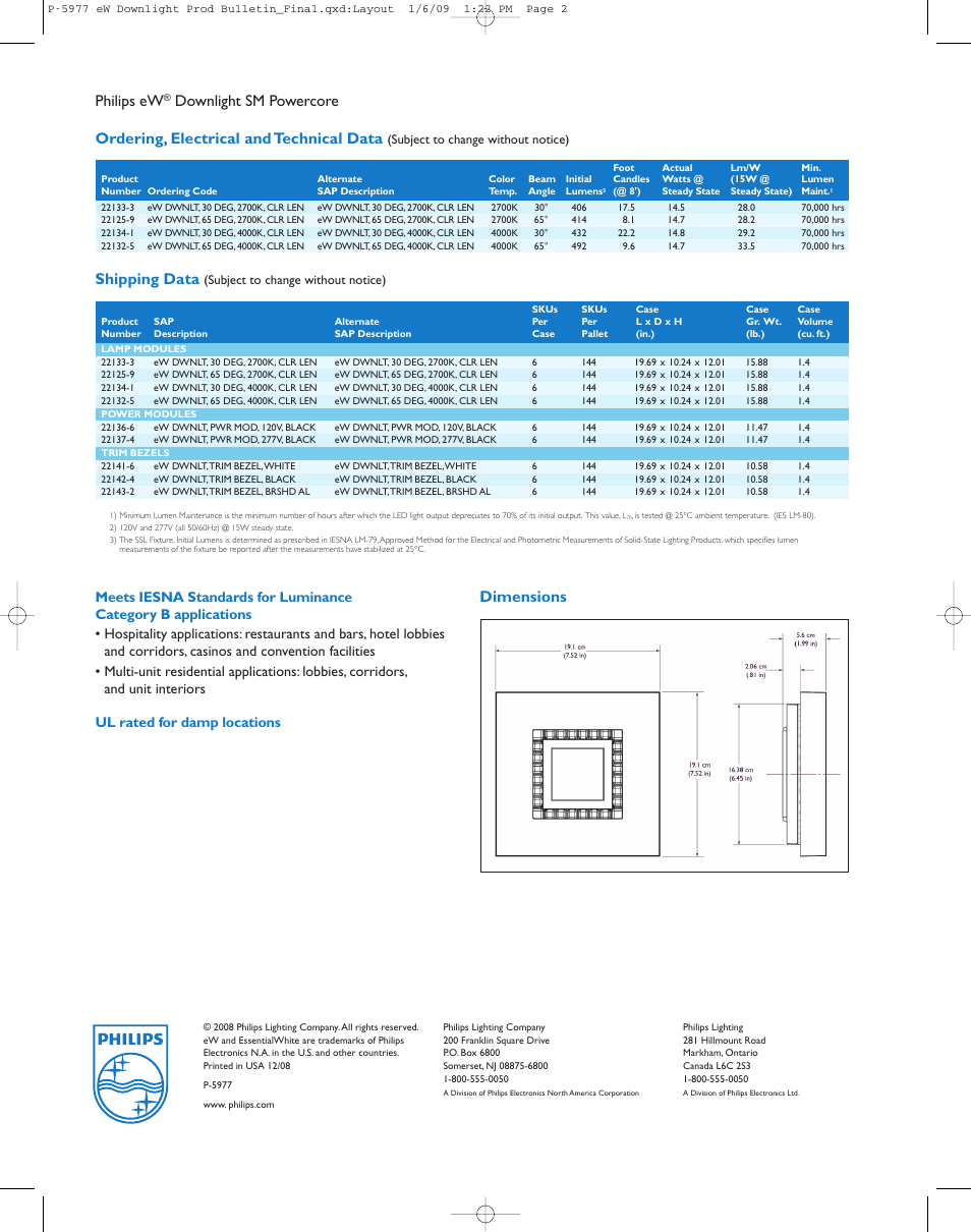 Philips ew, Shipping data, Dimensions | Philips eW Downlight P-5977 User Manual | Page 2 / 2