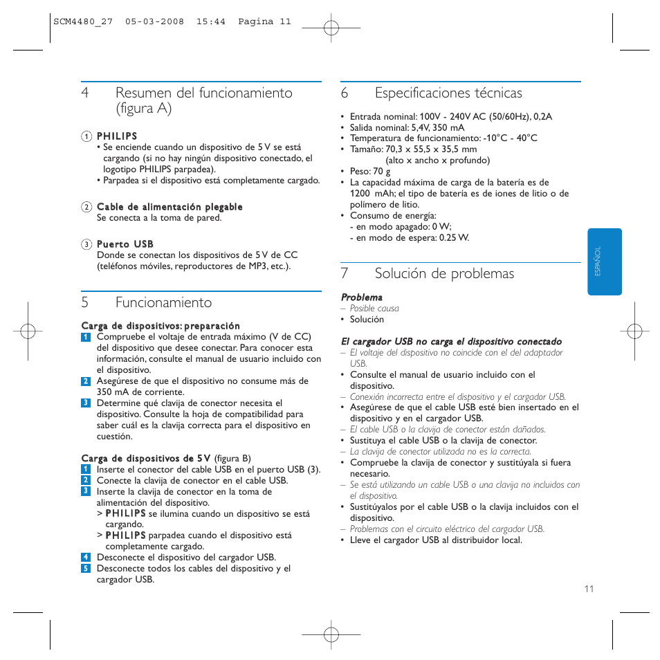 4resumen del funcionamiento (figura a), 5funcionamiento, 6especificaciones técnicas | 7solución de problemas | Philips SCM4480/27 User Manual | Page 11 / 16