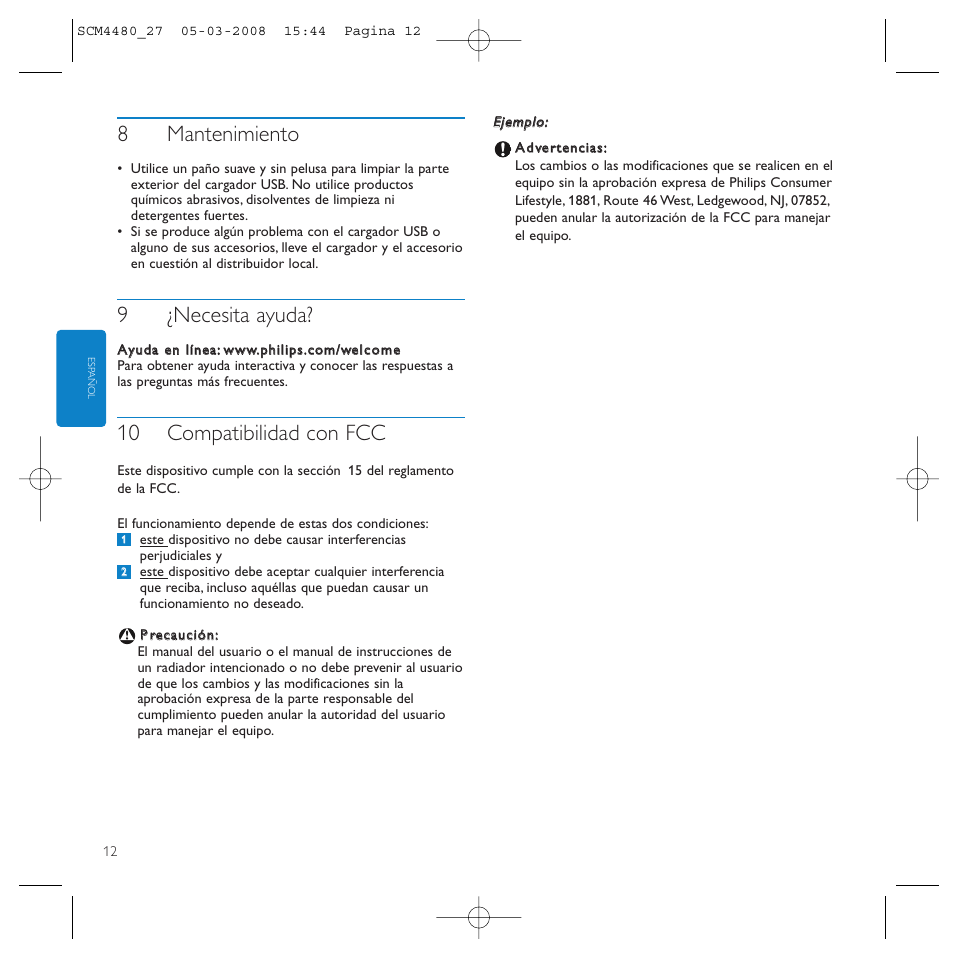 8mantenimiento, 9¿necesita ayuda, 10 compatibilidad con fcc | Philips SCM4480/27 User Manual | Page 12 / 16