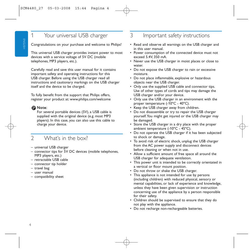 1your universal usb charger, 2what’s in the box, 3important safety instructions | Philips SCM4480/27 User Manual | Page 4 / 16