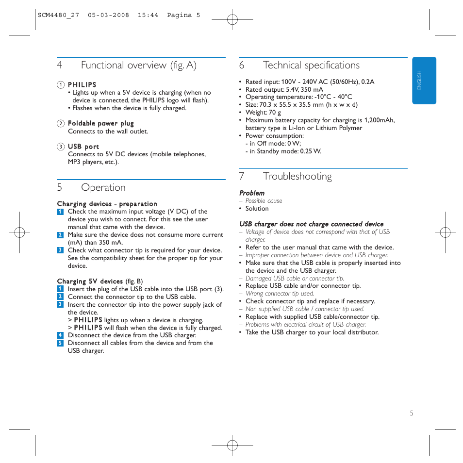 4functional overview (fig. a), 5operation, 6technical specifications | 7troubleshooting | Philips SCM4480/27 User Manual | Page 5 / 16