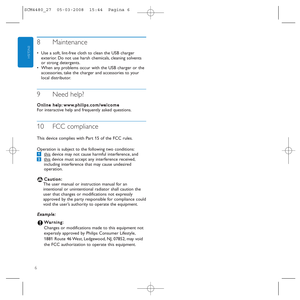 8maintenance, 9need help, 10 fcc compliance | Philips SCM4480/27 User Manual | Page 6 / 16