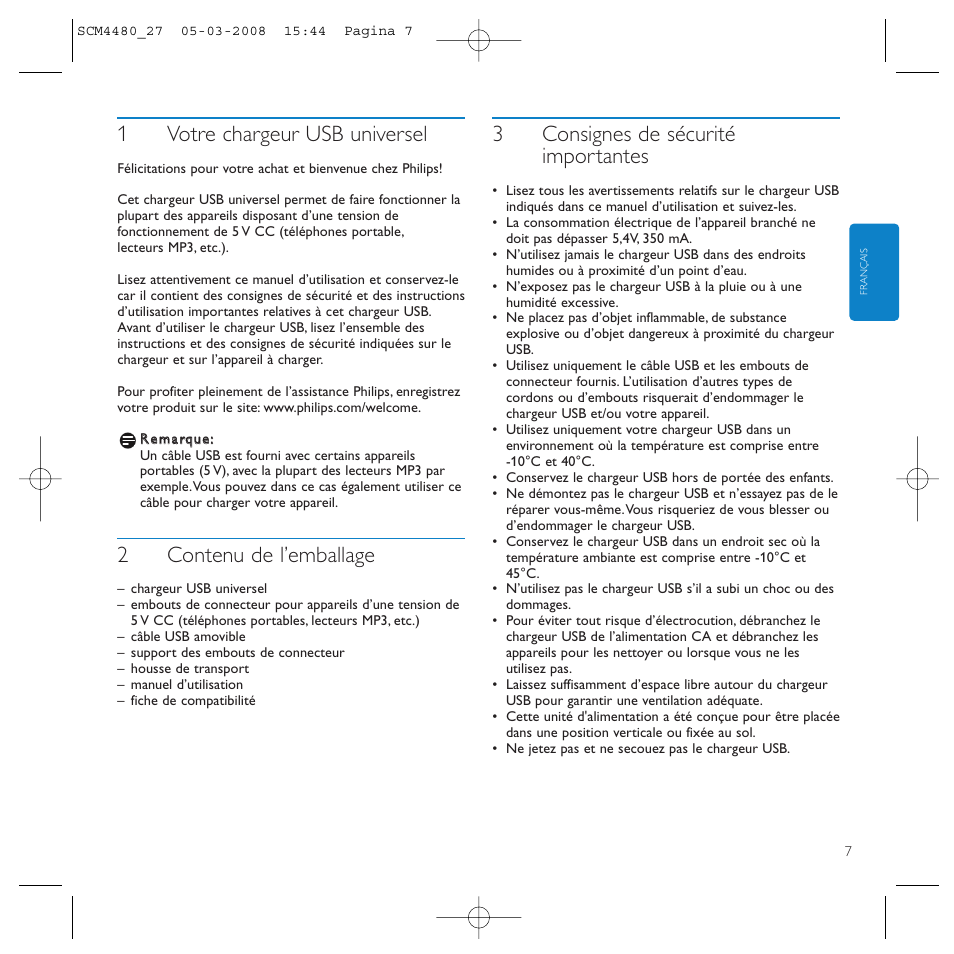 1votre chargeur usb universel, 2contenu de l’emballage, 3consignes de sécurité importantes | Philips SCM4480/27 User Manual | Page 7 / 16