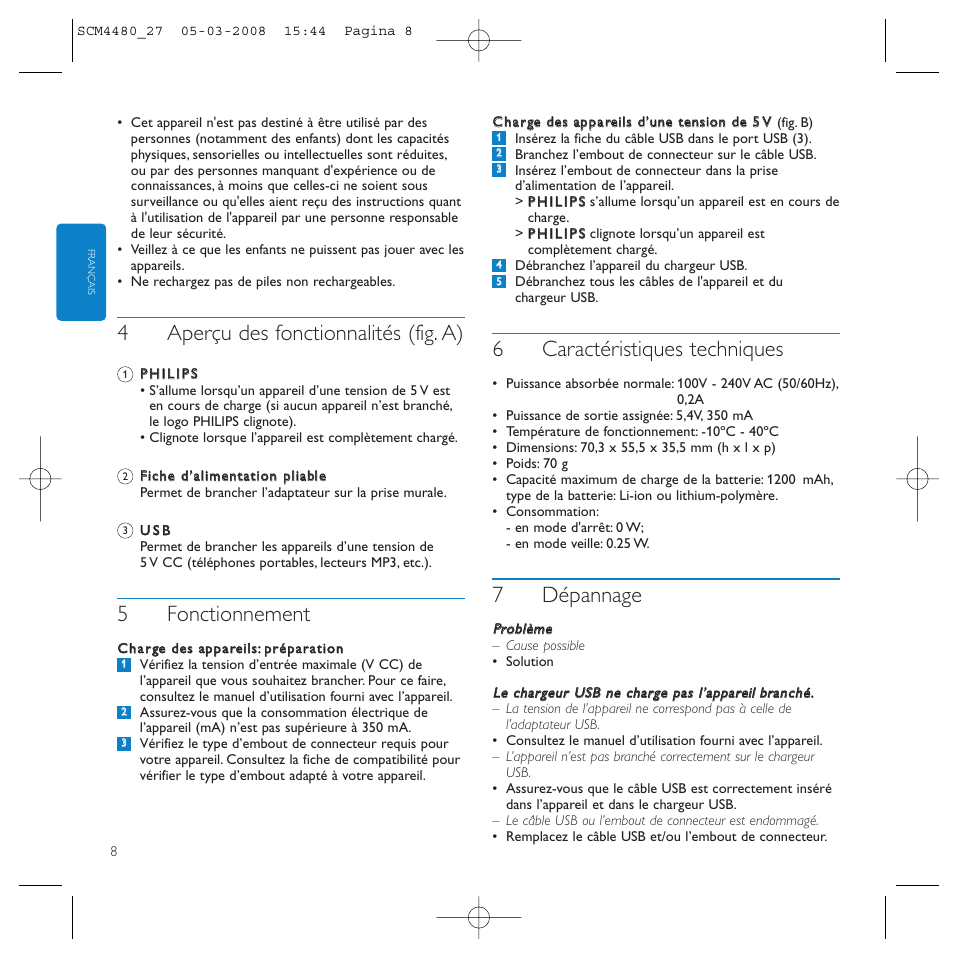 4aperçu des fonctionnalités (fig. a), 5fonctionnement, 6caractéristiques techniques | 7dépannage | Philips SCM4480/27 User Manual | Page 8 / 16