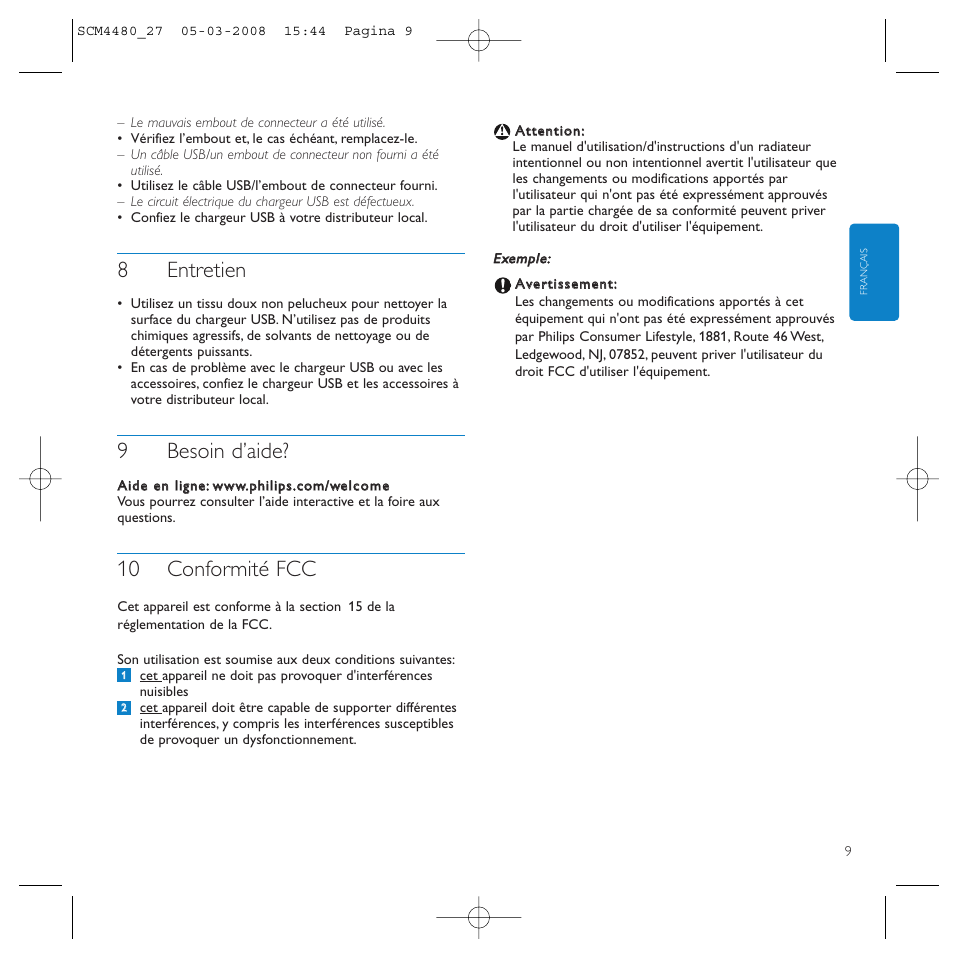 8entretien, 9besoin d’aide, 10 conformité fcc | Philips SCM4480/27 User Manual | Page 9 / 16