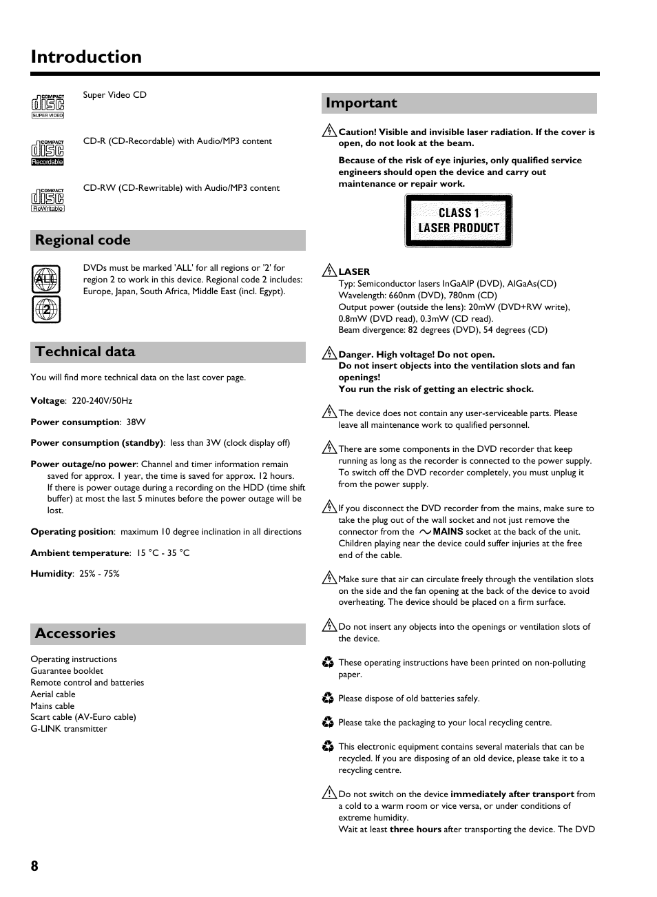 Regional code, Technical data, Accessories | Important, Introduction | Philips HDRW 720/00-02 User Manual | Page 10 / 96