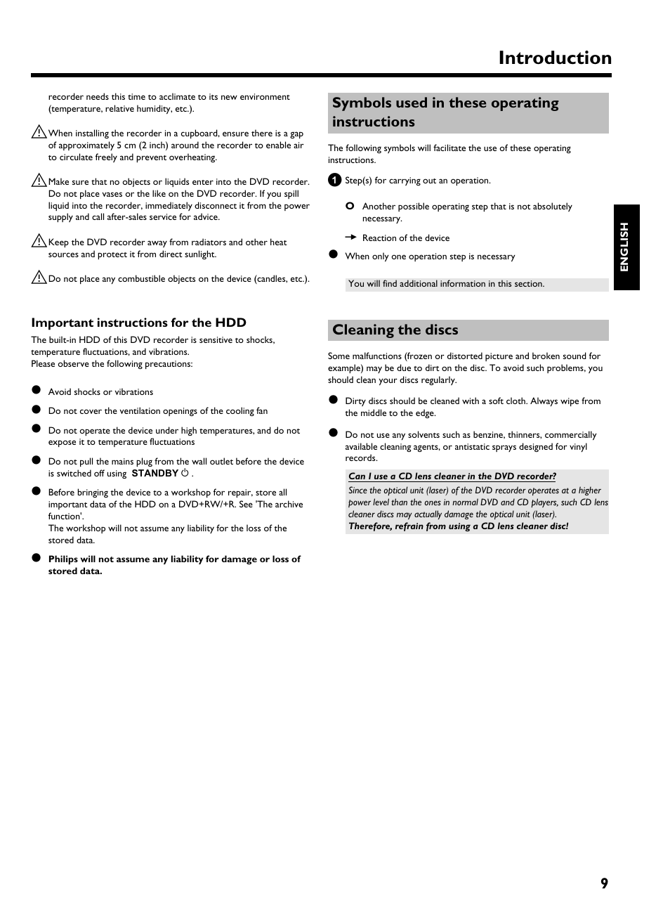 Important instructions for the hdd, Symbols used in these operating instructions, Cleaning the discs | Introduction | Philips HDRW 720/00-02 User Manual | Page 11 / 96