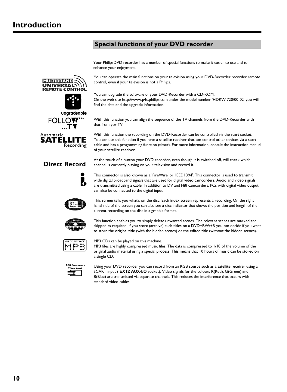 Special functions of your dvd recorder, Introduction, 10 special functions of your dvd recorder | Philips HDRW 720/00-02 User Manual | Page 12 / 96