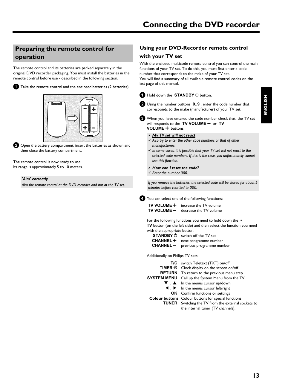 Preparing the remote control for operation, Connecting the dvd recorder, 13 preparing the remote control for operation | Philips HDRW 720/00-02 User Manual | Page 15 / 96