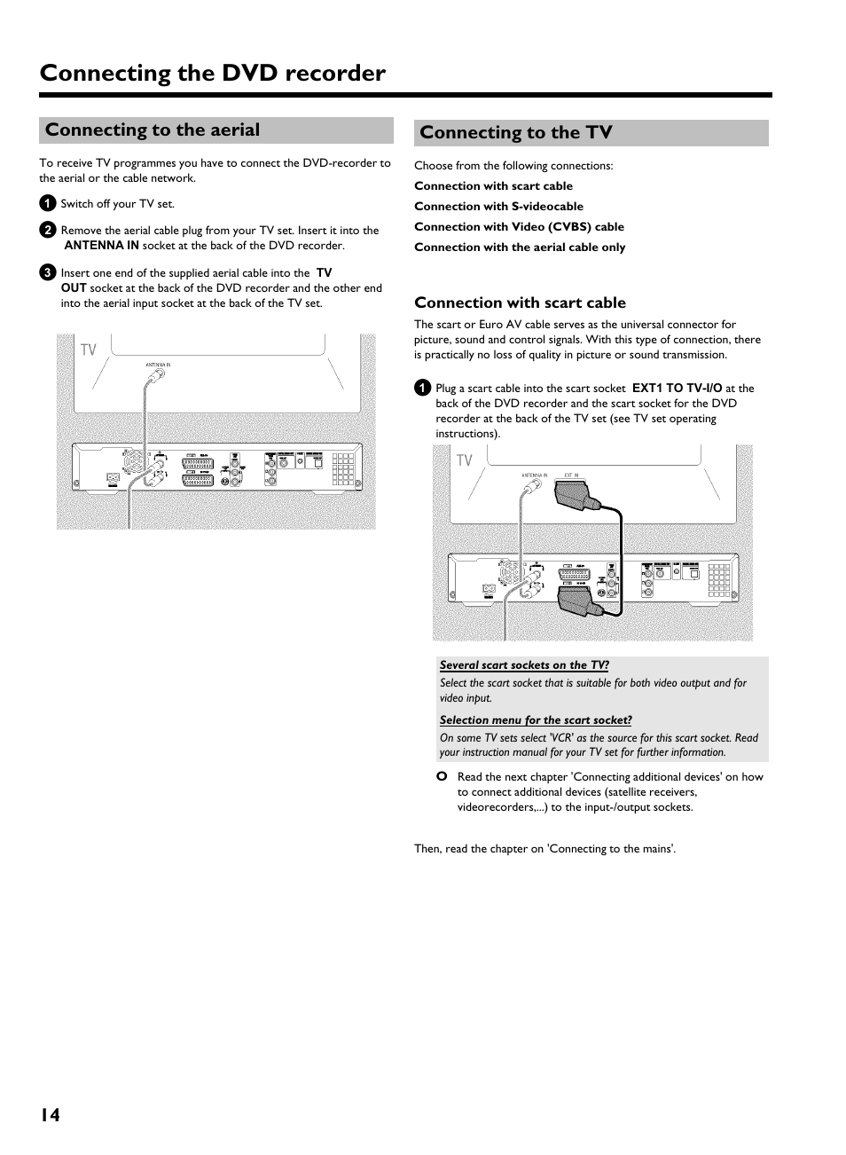 Connecting to the aerial, Connecting to the tv, Connection with scart cable | Connecting the dvd recorder, 14 connecting to the aerial | Philips HDRW 720/00-02 User Manual | Page 16 / 96
