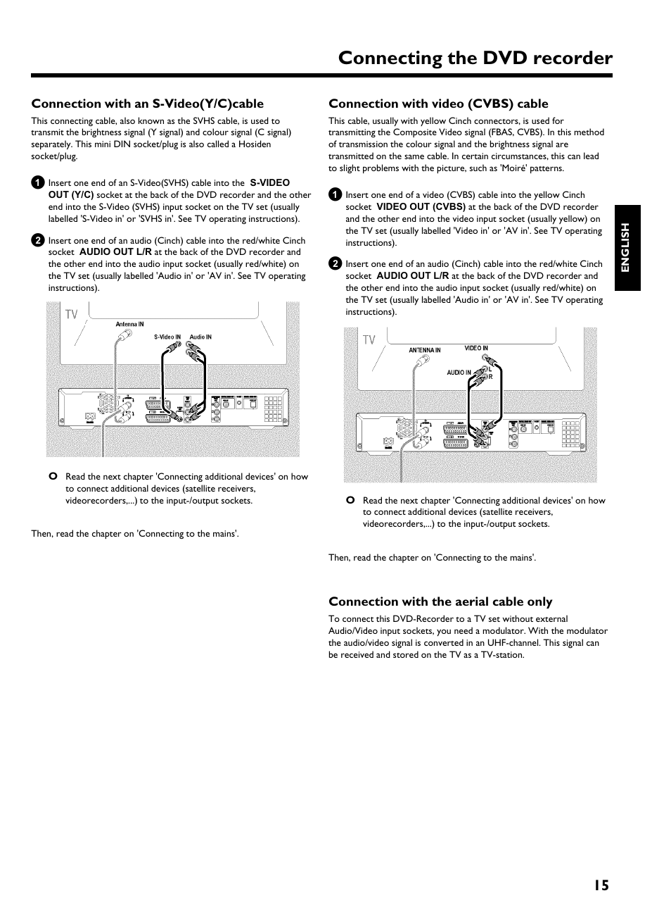 Connection with an s-video(y/c), Connection with video (cvbs) cable, Connection with the aerial cable only | Connecting the dvd recorder | Philips HDRW 720/00-02 User Manual | Page 17 / 96