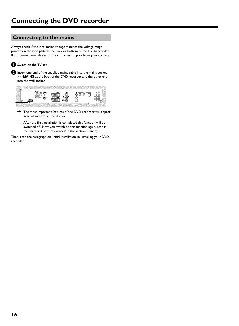 Connecting to the mains, Connecting the dvd recorder, 16 connecting to the mains | Philips HDRW 720/00-02 User Manual | Page 18 / 96