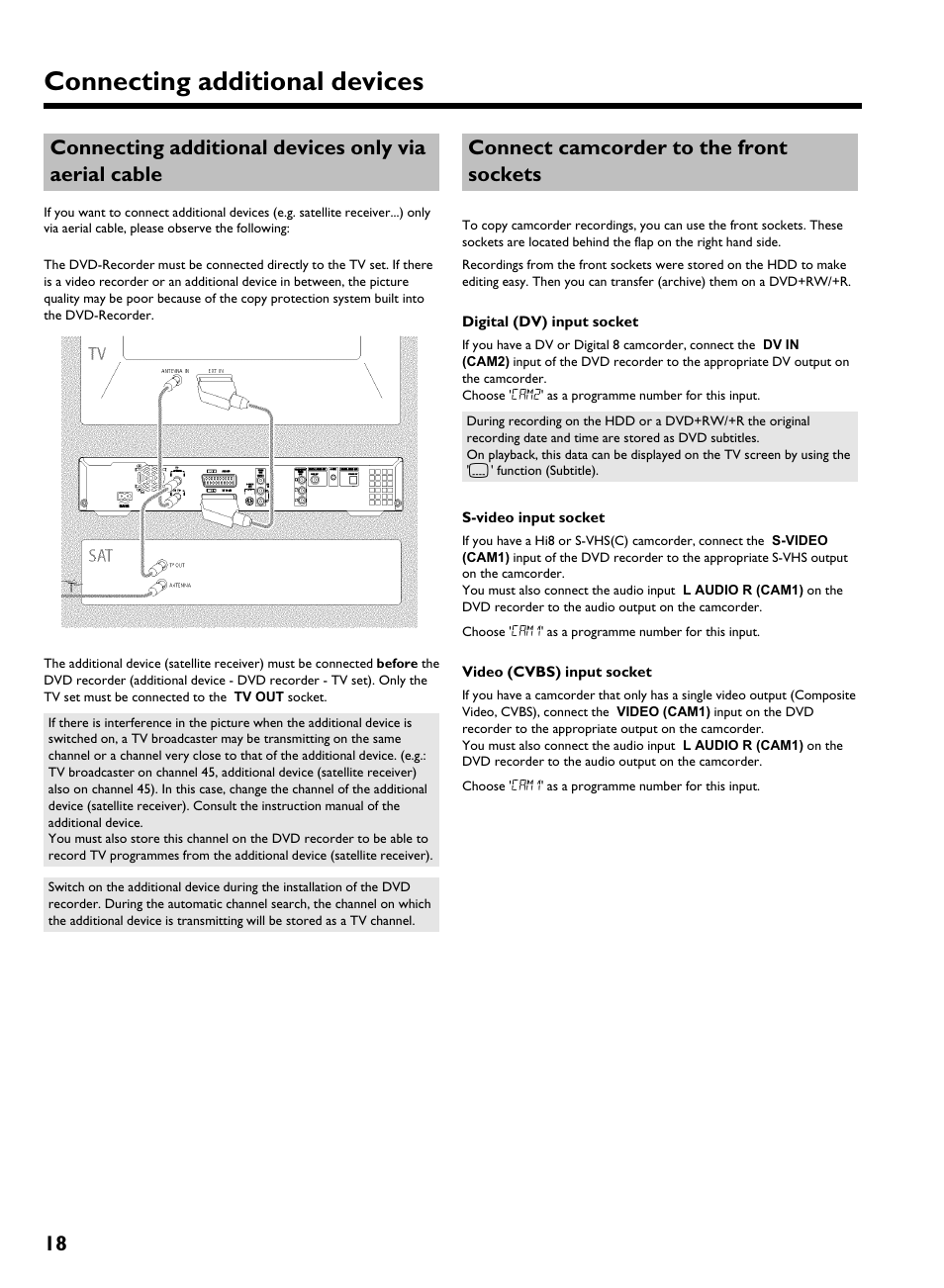 Connect camcorder to the front sockets, Connecting additional devices | Philips HDRW 720/00-02 User Manual | Page 20 / 96