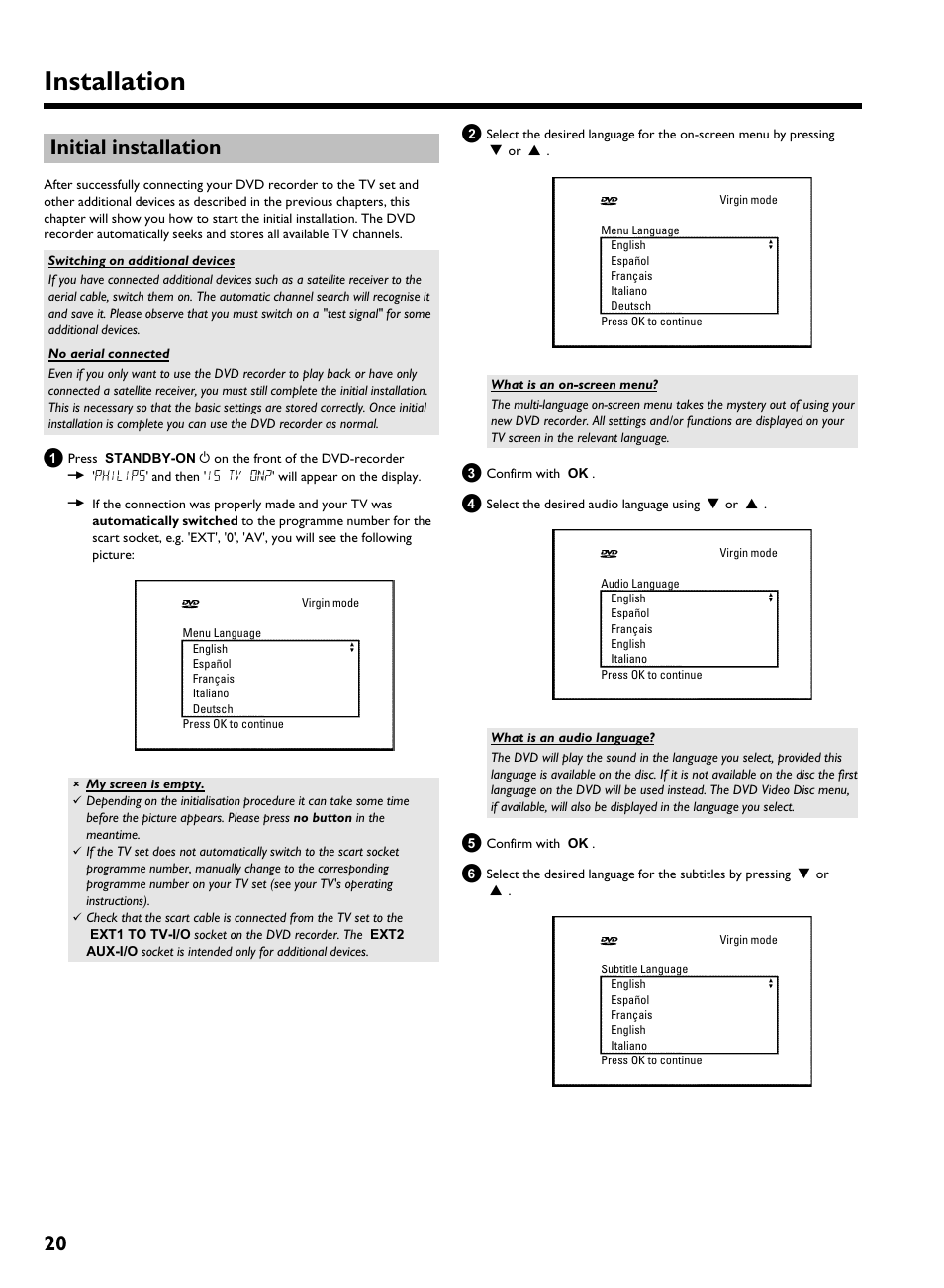 Initial installation, Installation, 20 initial installation | Philips HDRW 720/00-02 User Manual | Page 22 / 96