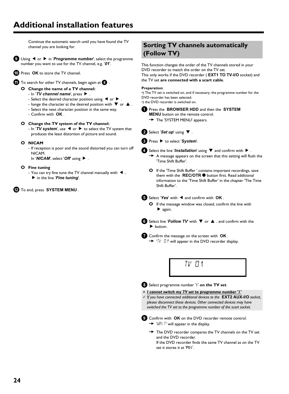 Sorting tv channels automatically (follow tv), Additional installation features, Tv 01 | Philips HDRW 720/00-02 User Manual | Page 26 / 96