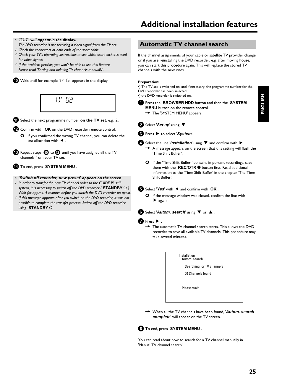 Automatic tv channel search, Additional installation features, Tv 02 | Philips HDRW 720/00-02 User Manual | Page 27 / 96