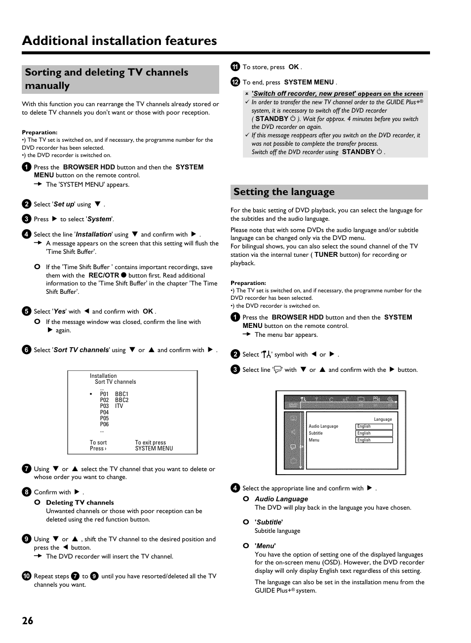 Sorting and deleting tv channels manually, Setting the language, Additional installation features | 26 sorting and deleting tv channels manually | Philips HDRW 720/00-02 User Manual | Page 28 / 96